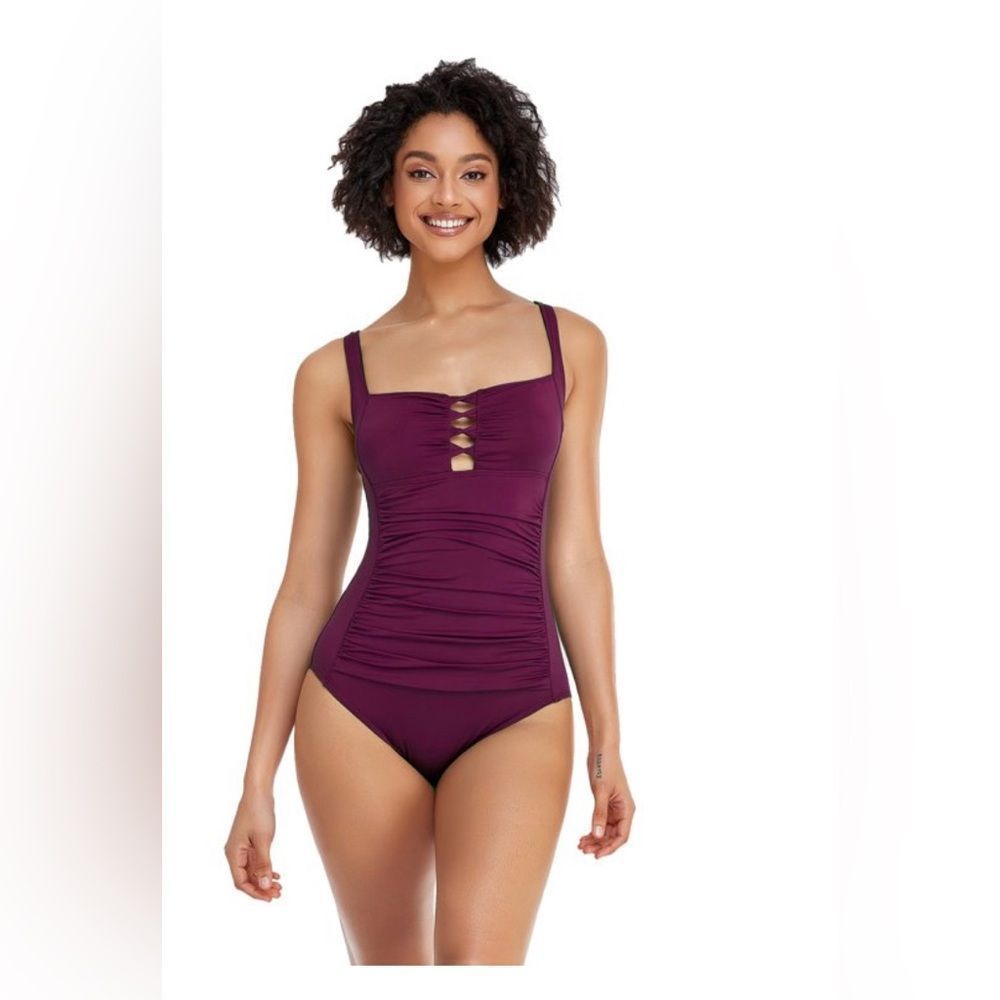 NWT LIORA Tummy Control Lace Up One Piece Swimsuit Ruched Push Up Bathing Suit